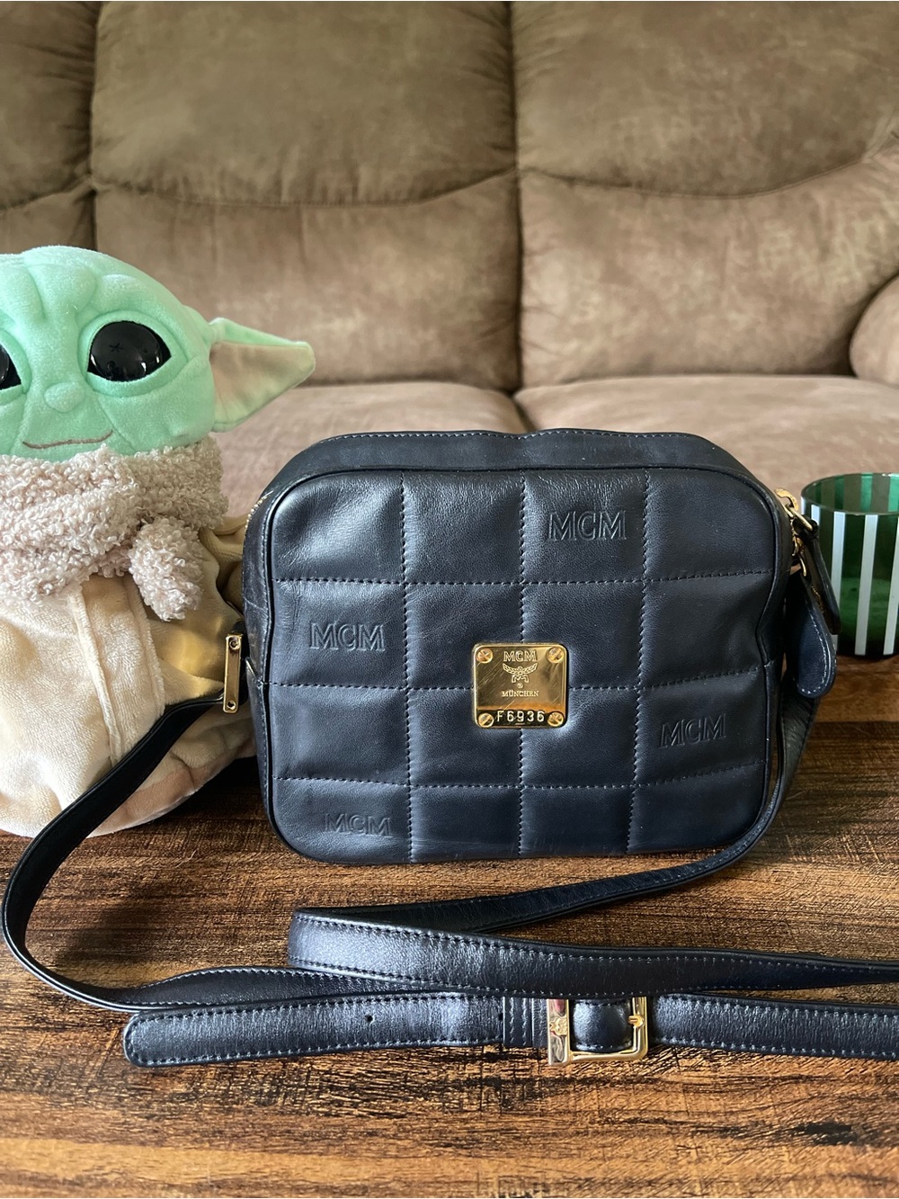 MCM Black Monogram Quilted Leather Camera Crossbody with Gold Hardware